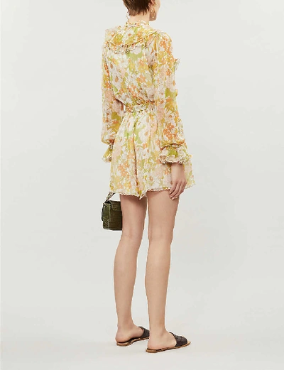 Shop Zimmermann Super Eight Tied-neck Floral-print Silk-crepe Playsuit In Pink Meadow