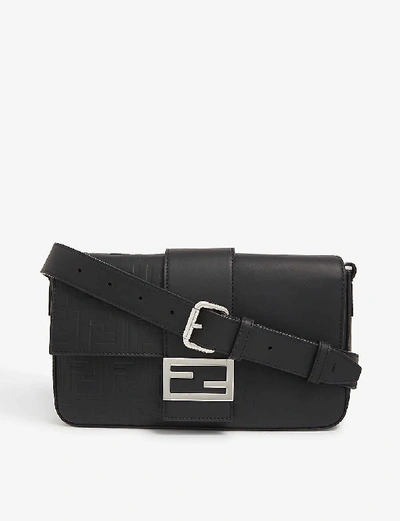 Shop Fendi Ff-clasp Leather Baguette Bag In Black Silver