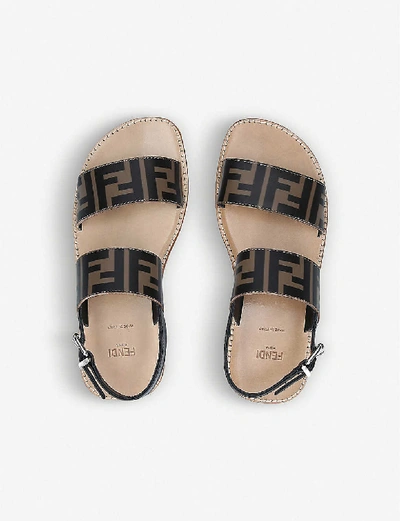 Shop Fendi Girls Blk/beige Kids Ff Logo-print Leather Sandals 7-10 Years 2.5