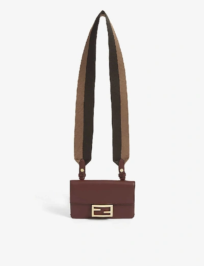 Shop Fendi Flat Baguette Mini Leather Bag In Brown