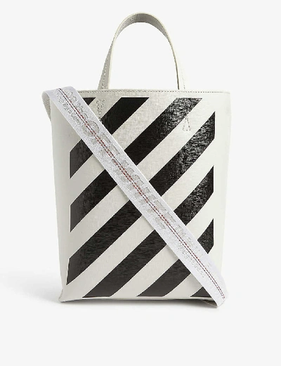 Shop Off-white Binder Clip Diagonal Stripe-print Leather Tote Bag In White Black