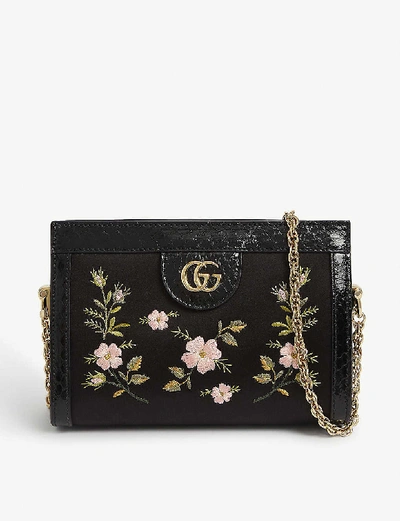 Shop Gucci Ophidia Floral-embroidered Satin Cross-body Bag In Nero