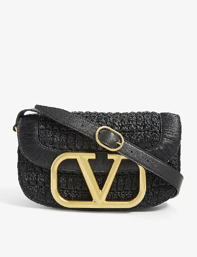 Shop Valentino Supervee Leather-trimmed Raffia Shoulder Bag In Celleria Brown