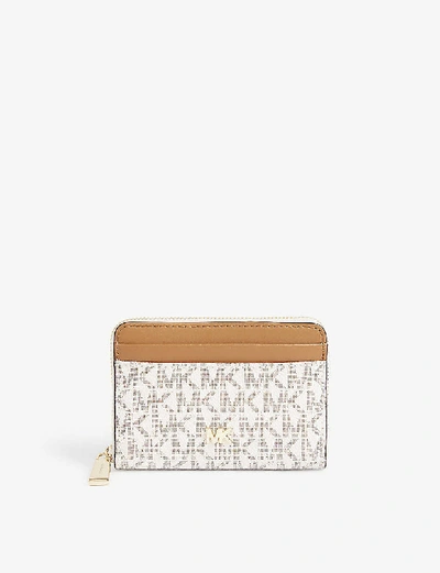 Shop Michael Michael Kors Small Monogram Coated Canvas Wallet In Vanilla/acrn