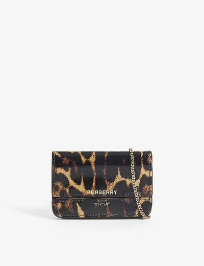 Shop Burberry Jody Leopard Print Leather Card Holder With Chain In Dark Mustard