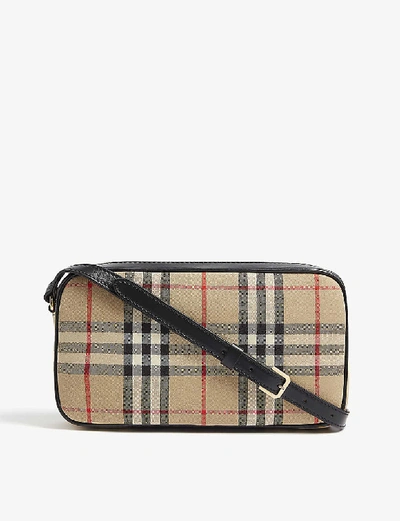 Shop Burberry Checked Leather Camera Bag In Archive Beige