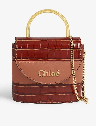 Shop Chloé Small Aby Lock Croc-embossed Leather Bag In Chestnut Brown