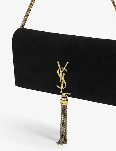 Shop Saint Laurent Kate Monogram Suede Baguette Bag In Black Bronze