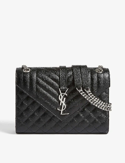 Shop Saint Laurent Black Silver Quilted Monogram Leather Shoulder Bag