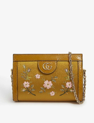 Shop Gucci Ophidia Floral-embroidered Satin Cross-body Bag In Senape (ocre)