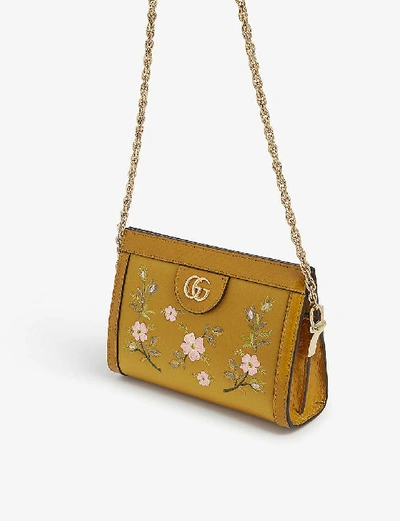 Shop Gucci Ophidia Floral-embroidered Satin Cross-body Bag In Senape (ocre)