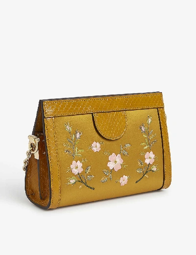 Shop Gucci Ophidia Floral-embroidered Satin Cross-body Bag In Senape (ocre)