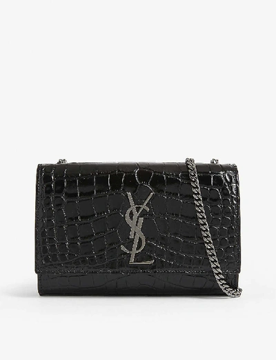 Shop Saint Laurent Kate Small Monogram Croc-embossed Leather Shoulder Bag In Black Gunmetal