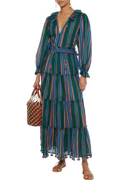 Shop Zimmermann Allia Belted Striped Cotton-voile Maxi Skirt In Green
