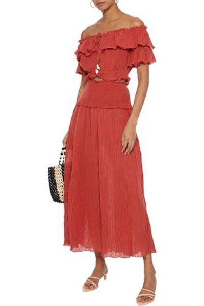 Shop Zimmermann Veneto Cropped Off-the-shoulder Crinkled Ramie And Cotton-blend Gauze Top In Brick