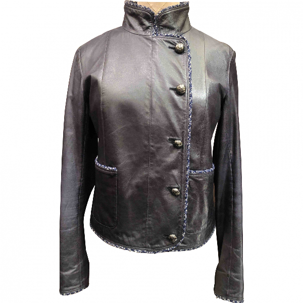 Pre-owned Chanel Leather Jacket In Navy | ModeSens