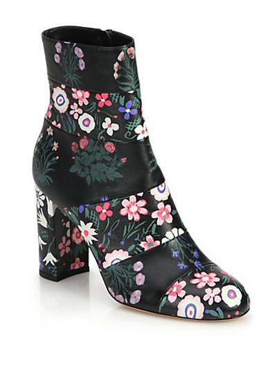 Shop Valentino Floral-print Leather Booties In Black-multi