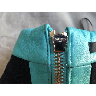 Pre-owned Balmain Leather Mini Skirt In Turquoise