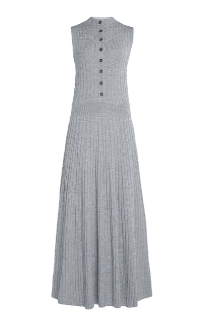 Shop Loulou Studio Arborea Button-embellished Ribbed Merino Wool Maxi Dress In Grey