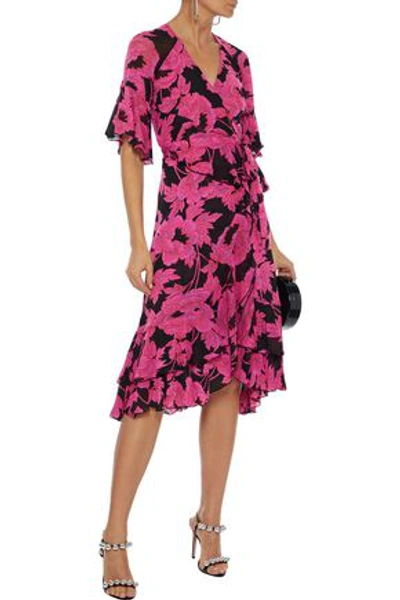 Shop Diane Von Furstenberg Zion Ruffled Floral-print Stretch-mesh Wrap Dress In Pink