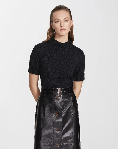 Shop Lafayette 148 Petite Cotton Silk Tape Cropped Mockneck Sweater In Black