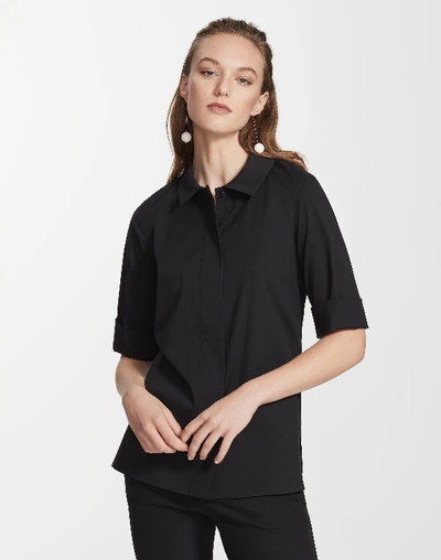 Shop Lafayette 148 Stretch Cotton Peplum Shirt In Black