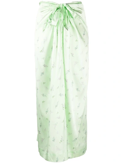 Shop Ganni Floral Satin Wrap Skirt In Green