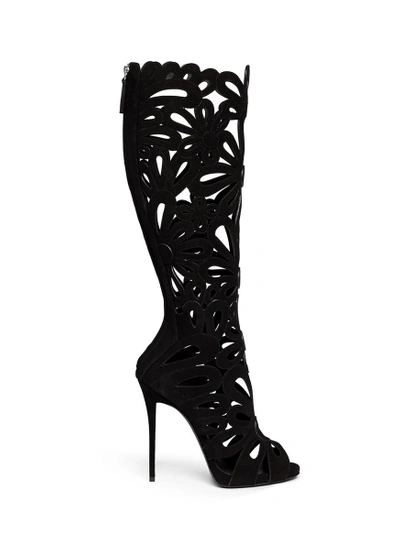 Shop Giuseppe Zanotti 'coline' Floral Cutout Suede Knee High Boots