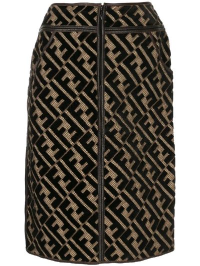 Pre-owned Fendi 1990s Zucca Pattern Straight-fit Skirt In Black