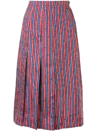 Pre-owned Hermes  Bridle Print Pleated Skirt In Red