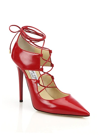 Jimmy Choo Hoops 100 Ballet Pink Shiny Leather Pointy Toe Lace Up Pumps In Red