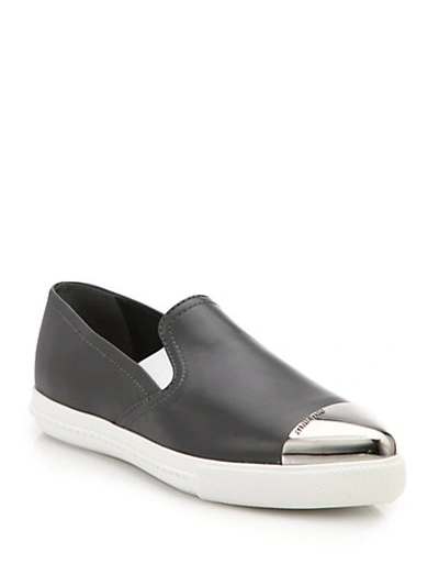 Shop Miu Miu Leather Cap-toe Slip-on Sneakers In Dark Grey