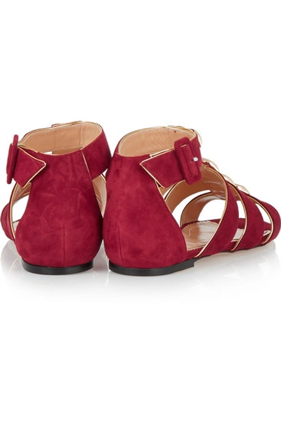 Shop Charlotte Olympia One More Kiss Metallic-trimmed Suede Sandals In Red