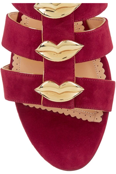 Shop Charlotte Olympia One More Kiss Metallic-trimmed Suede Sandals In Red