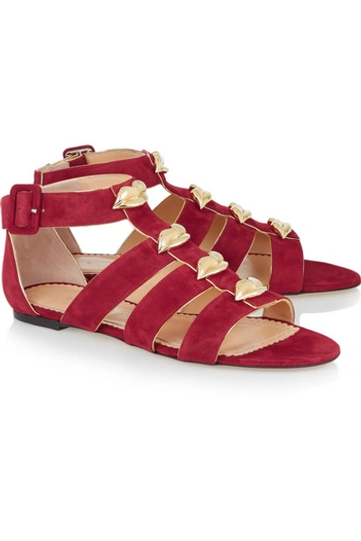 Shop Charlotte Olympia One More Kiss Metallic-trimmed Suede Sandals In Red