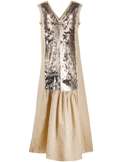 Shop Alysi Sequin Embroidered Panel Dress In Brown