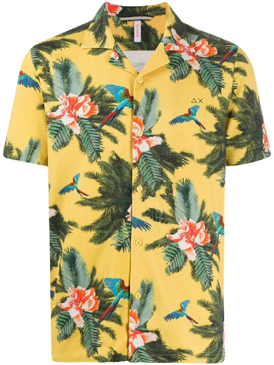 Shop Sun 68 Tropical Floral Print Shortsleeved Shirt In Yellow