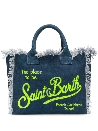 Shop Mc2 Saint Barth Logo-print Frayed Beach Bag In Blue