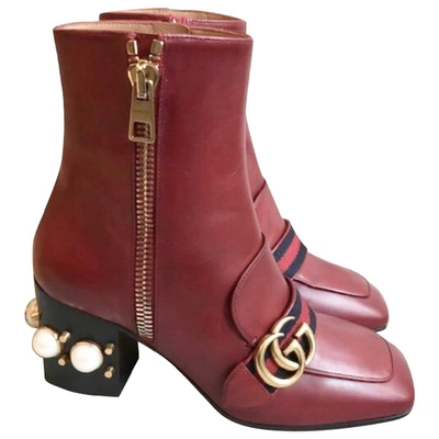 Pre-owned Gucci Marmont Red Leather Ankle Boots