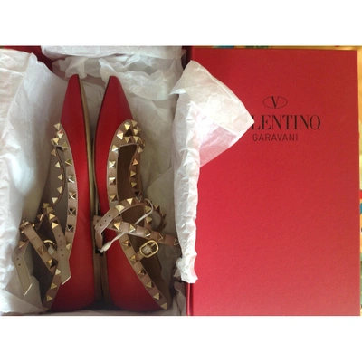 Pre-owned Valentino Garavani Rockstud Red Leather Ballet Flats
