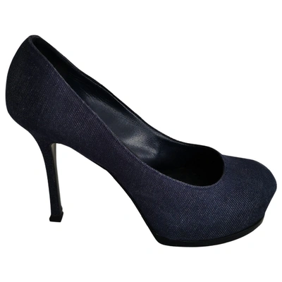 Pre-owned Saint Laurent Trib Too Cloth Heels In Blue