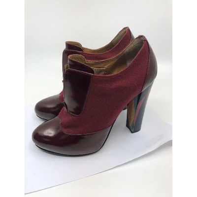 Pre-owned Fendi Cloth Ankle Boots In Burgundy