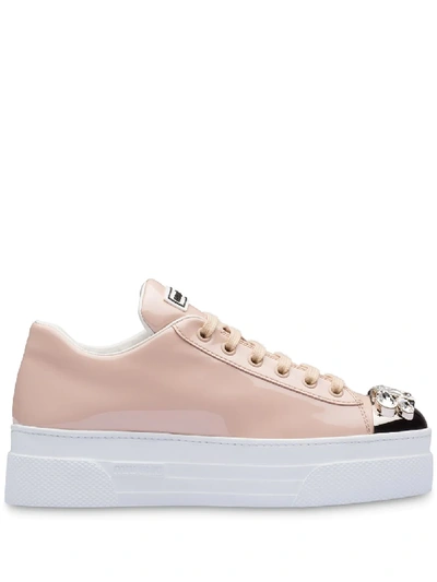 Shop Miu Miu Patent-leather Embellished Sneakers In Pink