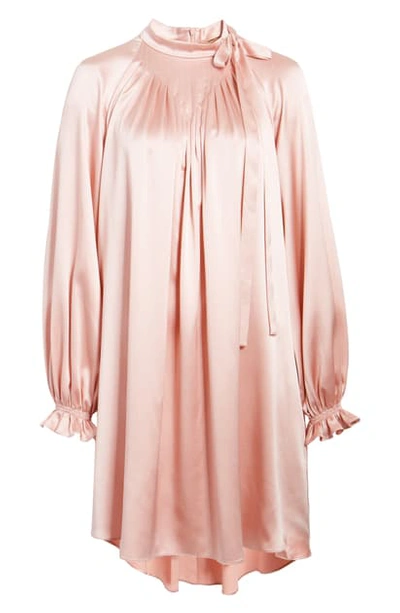 Shop Adam Lippes Tie Neck Long Sleeve Silk Charmeuse Minidress In Dusty Rose