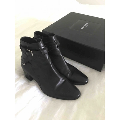 Pre-owned Saint Laurent Blaze Leather Buckled Boots In Black