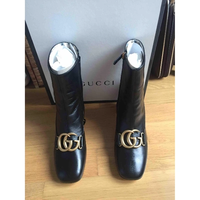 Pre-owned Gucci Marmont Leather Ankle Boots In Black