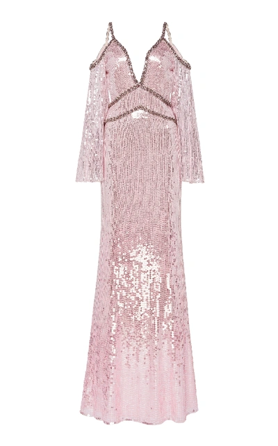 Shop Jenny Packham Cold-shoulder Sequined Dress In Pink