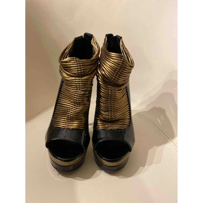 Pre-owned Versace Patent Leather Open Toe Boots In Black