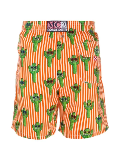 Shop Mc2 Saint Barth Cactus Print Striped Swim Shorts In Orange