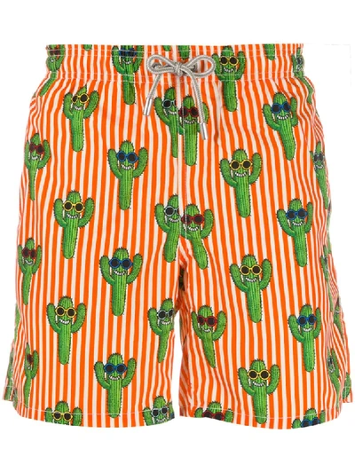 Shop Mc2 Saint Barth Cactus Print Striped Swim Shorts In Orange